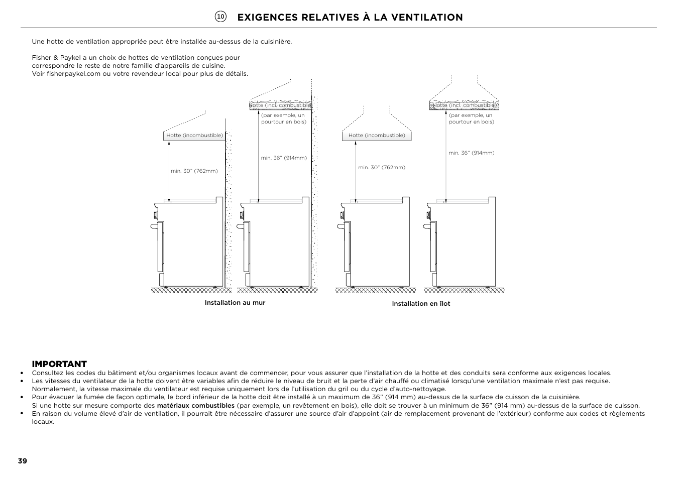 Exigences relatives à la ventilation, Important | Fisher & Paykel Series 7 Contemporary Series 30 Inch Freestanding Gas Range Installation Guide User Manual | Page 37 / 54