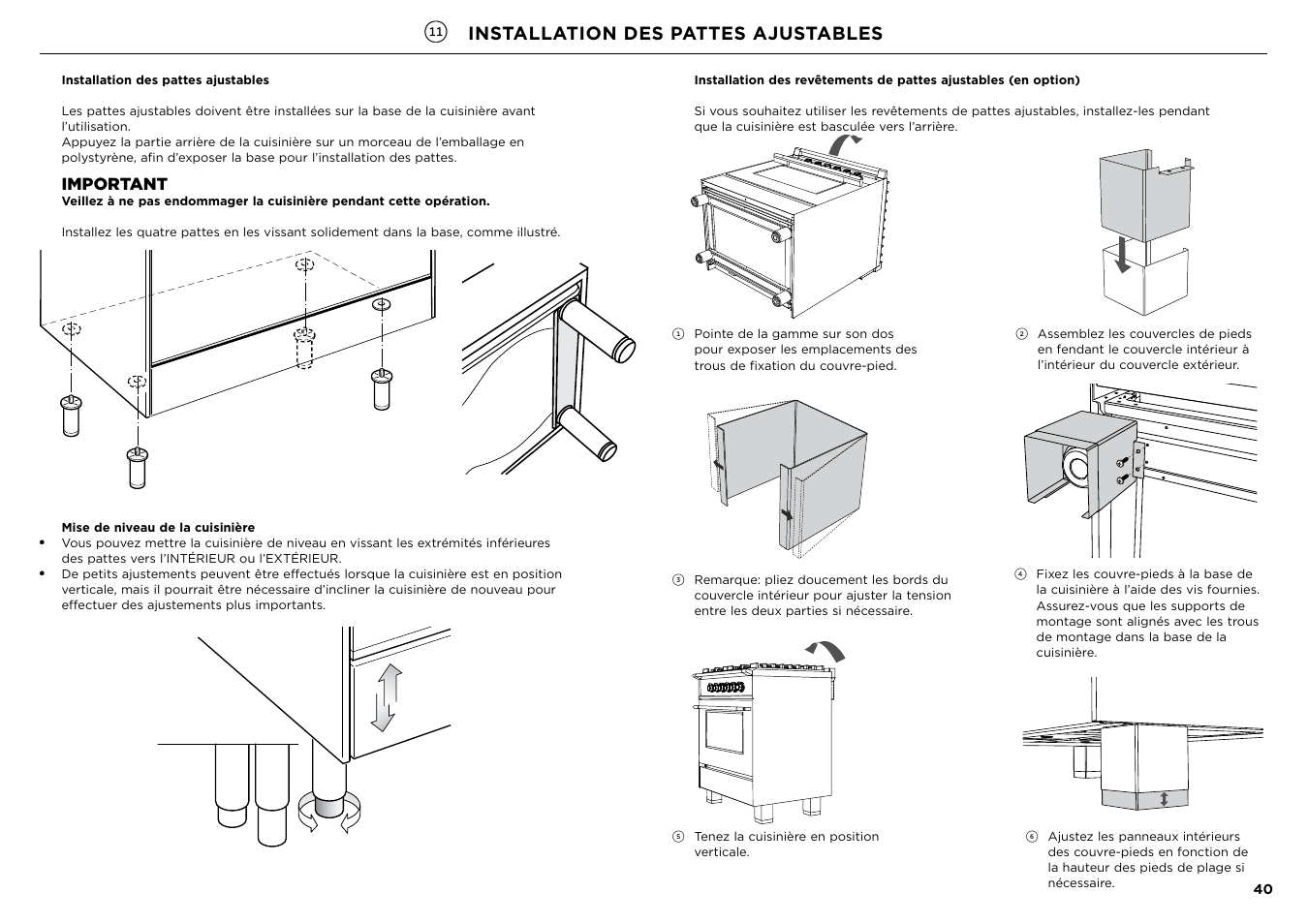 Installation des pattes ajustables, Important | Fisher & Paykel Series 7 Contemporary Series 30 Inch Freestanding Gas Range Installation Guide User Manual | Page 38 / 54