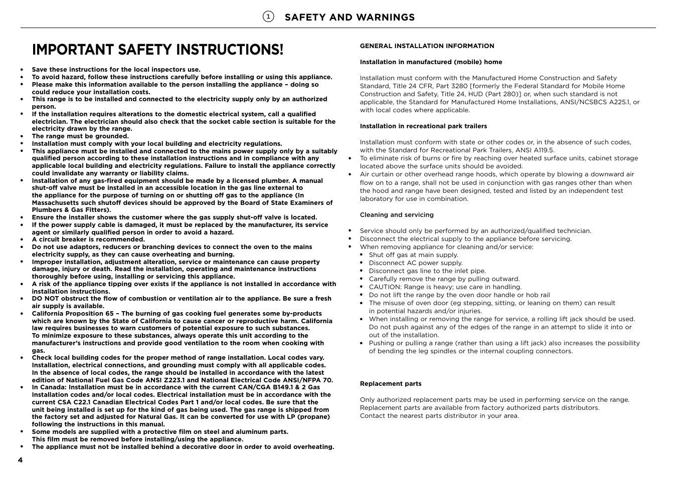 Important safety instructions, Safety and warnings | Fisher & Paykel Series 7 Contemporary Series 30 Inch Freestanding Gas Range Installation Guide User Manual | Page 4 / 54
