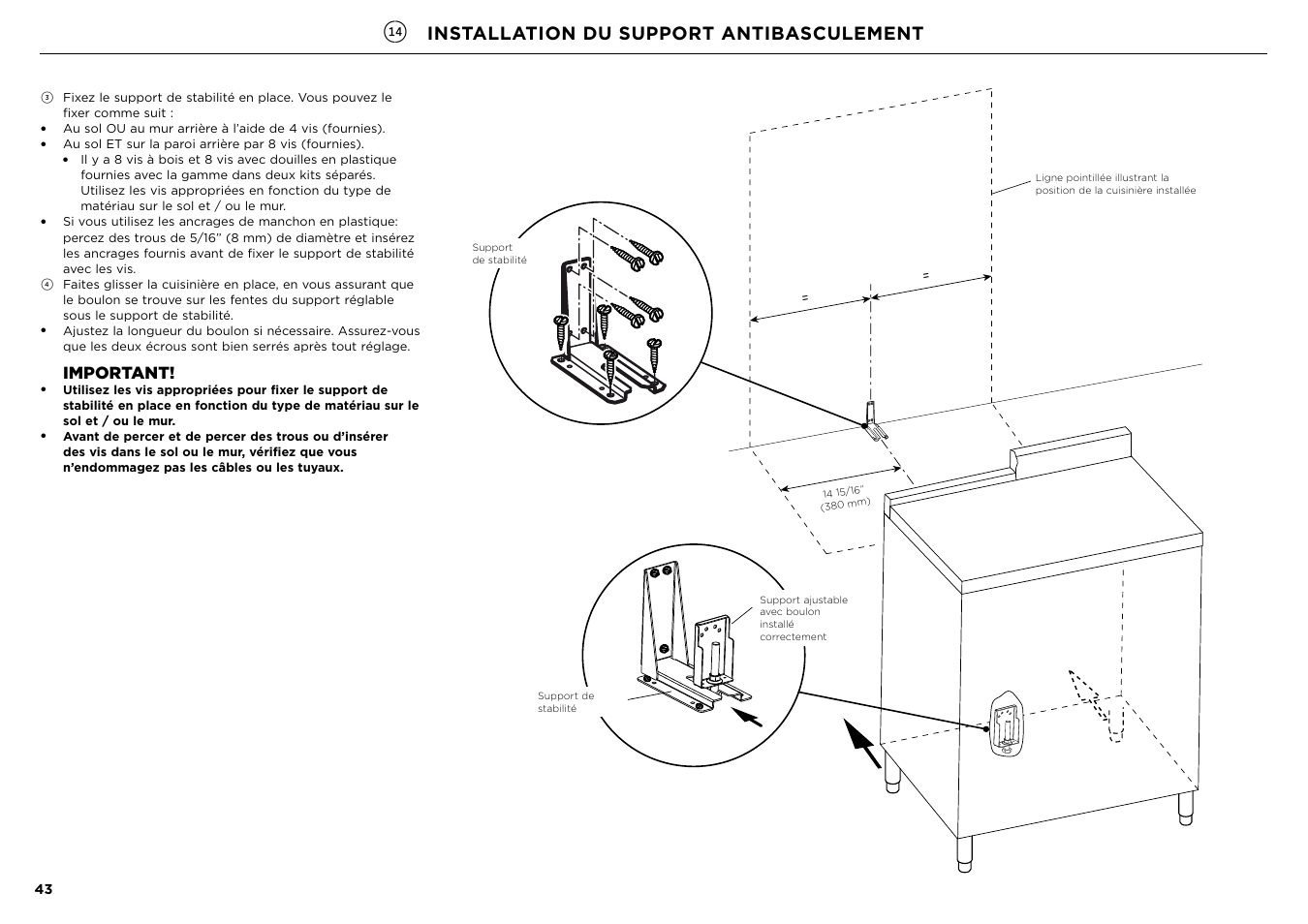 Installation du support antibasculement, Important | Fisher & Paykel Series 7 Contemporary Series 30 Inch Freestanding Gas Range Installation Guide User Manual | Page 41 / 54