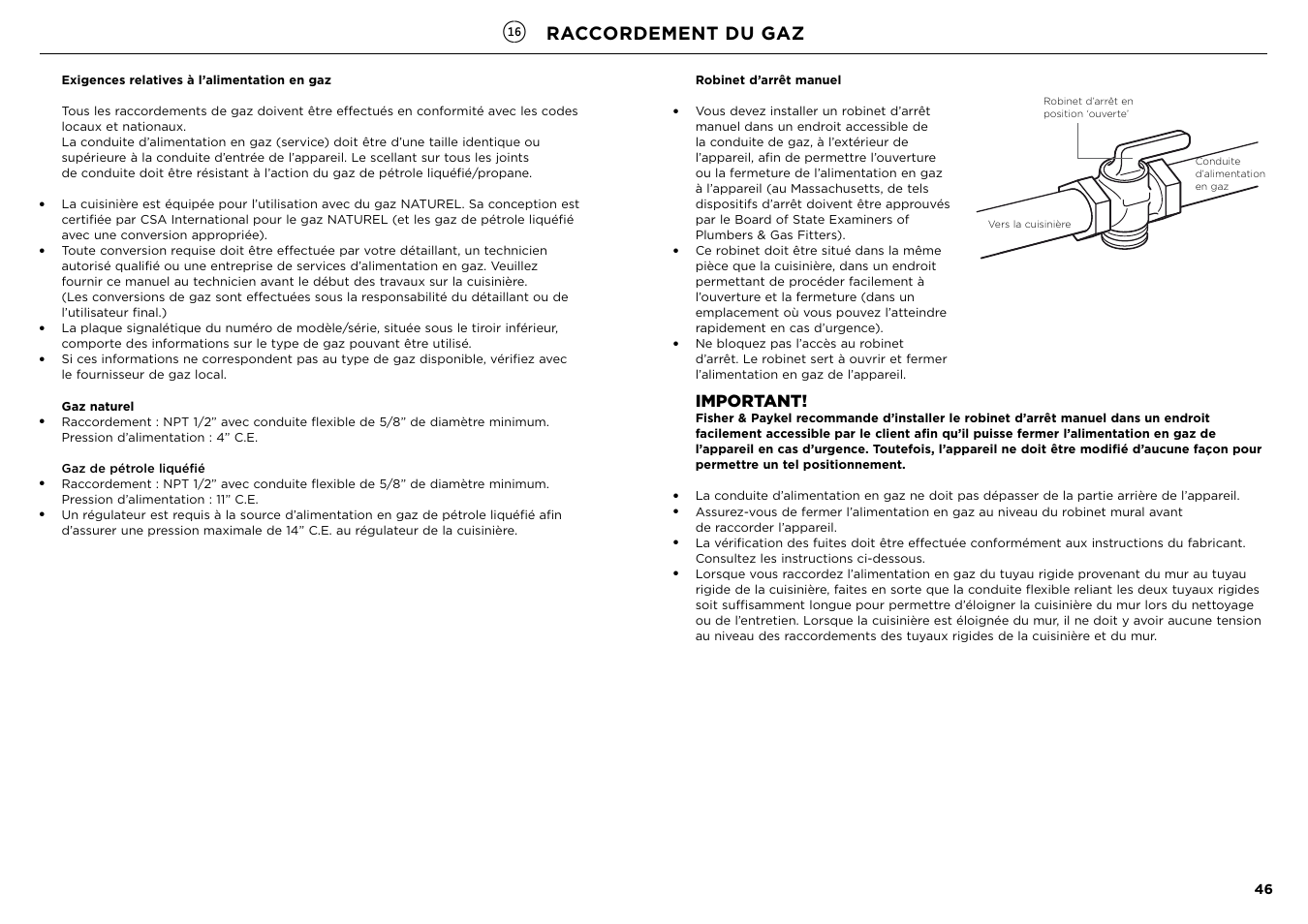 Raccordement du gaz, Important | Fisher & Paykel Series 7 Contemporary Series 30 Inch Freestanding Gas Range Installation Guide User Manual | Page 44 / 54