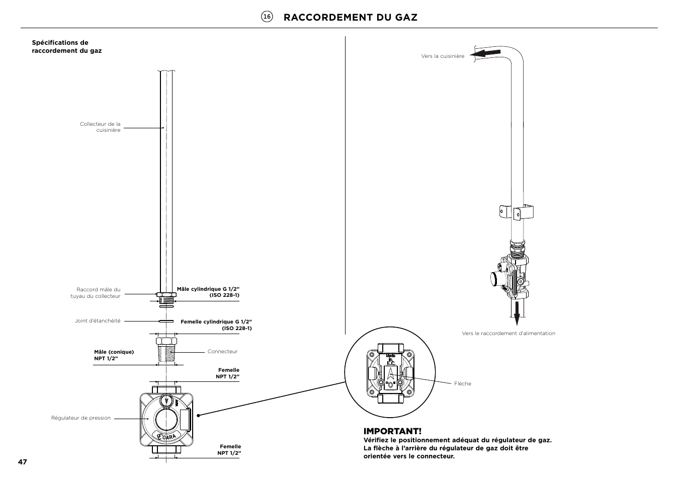 Raccordement du gaz, Important | Fisher & Paykel Series 7 Contemporary Series 30 Inch Freestanding Gas Range Installation Guide User Manual | Page 45 / 54