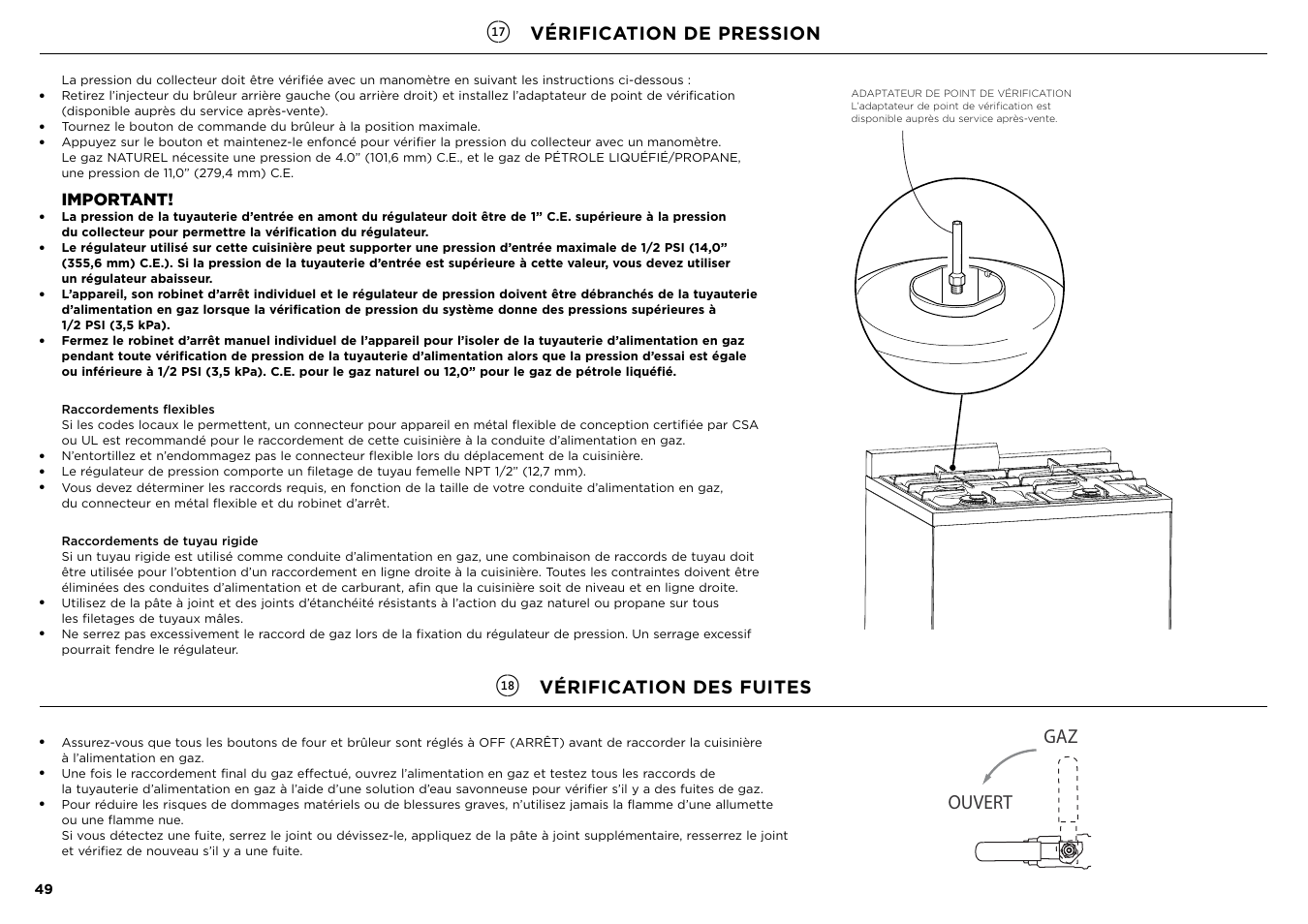 Gas on gaz ouvert, Vérification de pression, Vérification des fuites | Important | Fisher & Paykel Series 7 Contemporary Series 30 Inch Freestanding Gas Range Installation Guide User Manual | Page 47 / 54