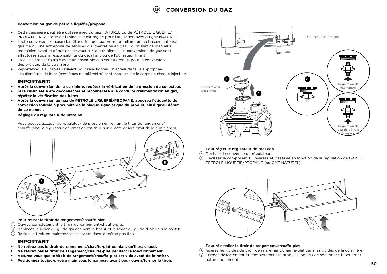 Ac b, Conversion du gaz, Important | Fisher & Paykel Series 7 Contemporary Series 30 Inch Freestanding Gas Range Installation Guide User Manual | Page 48 / 54