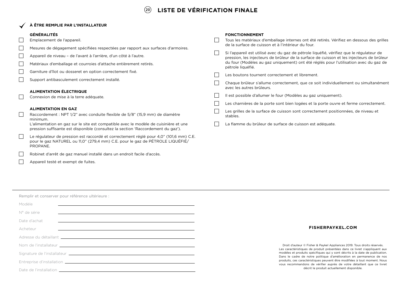 Liste de vérification finale | Fisher & Paykel Series 7 Contemporary Series 30 Inch Freestanding Gas Range Installation Guide User Manual | Page 54 / 54