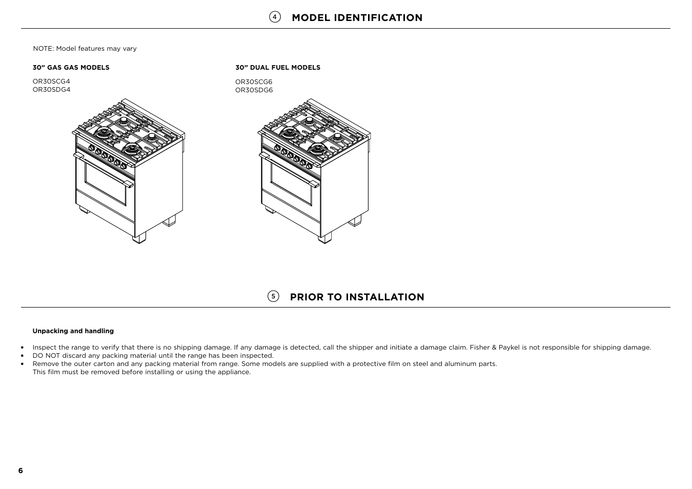 Model identification, Prior to installation | Fisher & Paykel Series 7 Contemporary Series 30 Inch Freestanding Gas Range Installation Guide User Manual | Page 6 / 54