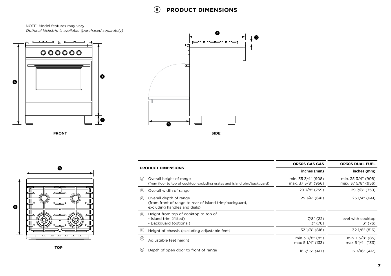 Product dimensions | Fisher & Paykel Series 7 Contemporary Series 30 Inch Freestanding Gas Range Installation Guide User Manual | Page 7 / 54