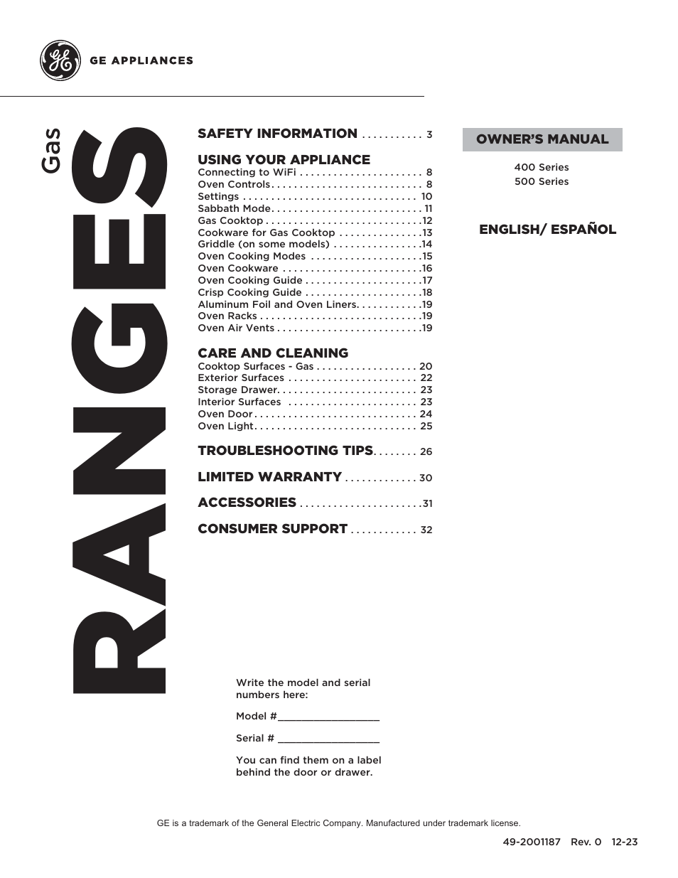 GE 500 Series 30 Inch Slide-In Gas Range Owners Guide User Manual | 68 pages