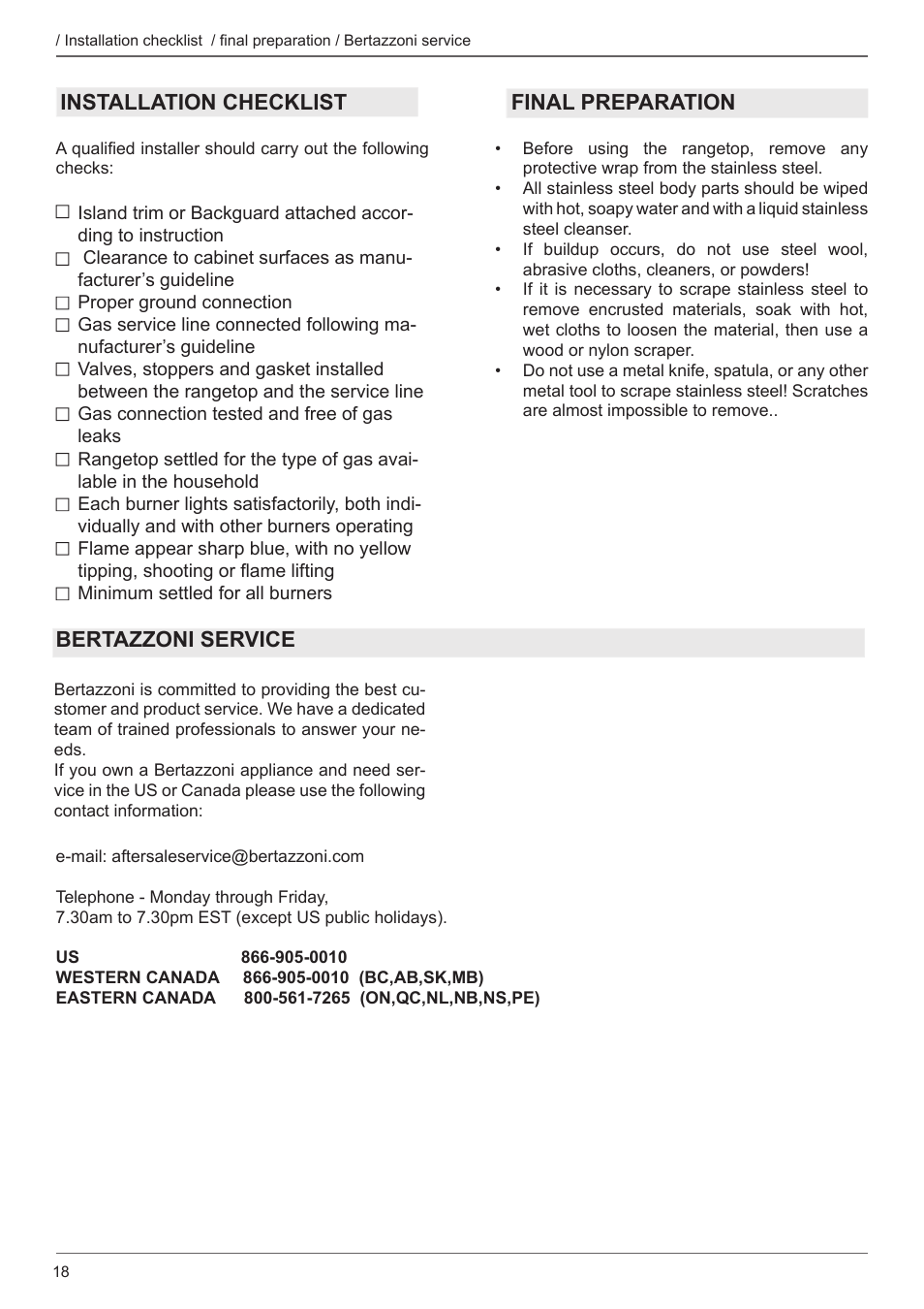 Installation checklist final preparation, Bertazzoni service | Bertazzoni Master Series 36 Inch Gas Rangetop Installation, Use & Care Manual User Manual | Page 18 / 60