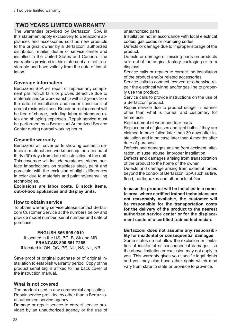 Two years limited warranty | Bertazzoni Master Series 36 Inch Gas Rangetop Installation, Use & Care Manual User Manual | Page 28 / 60
