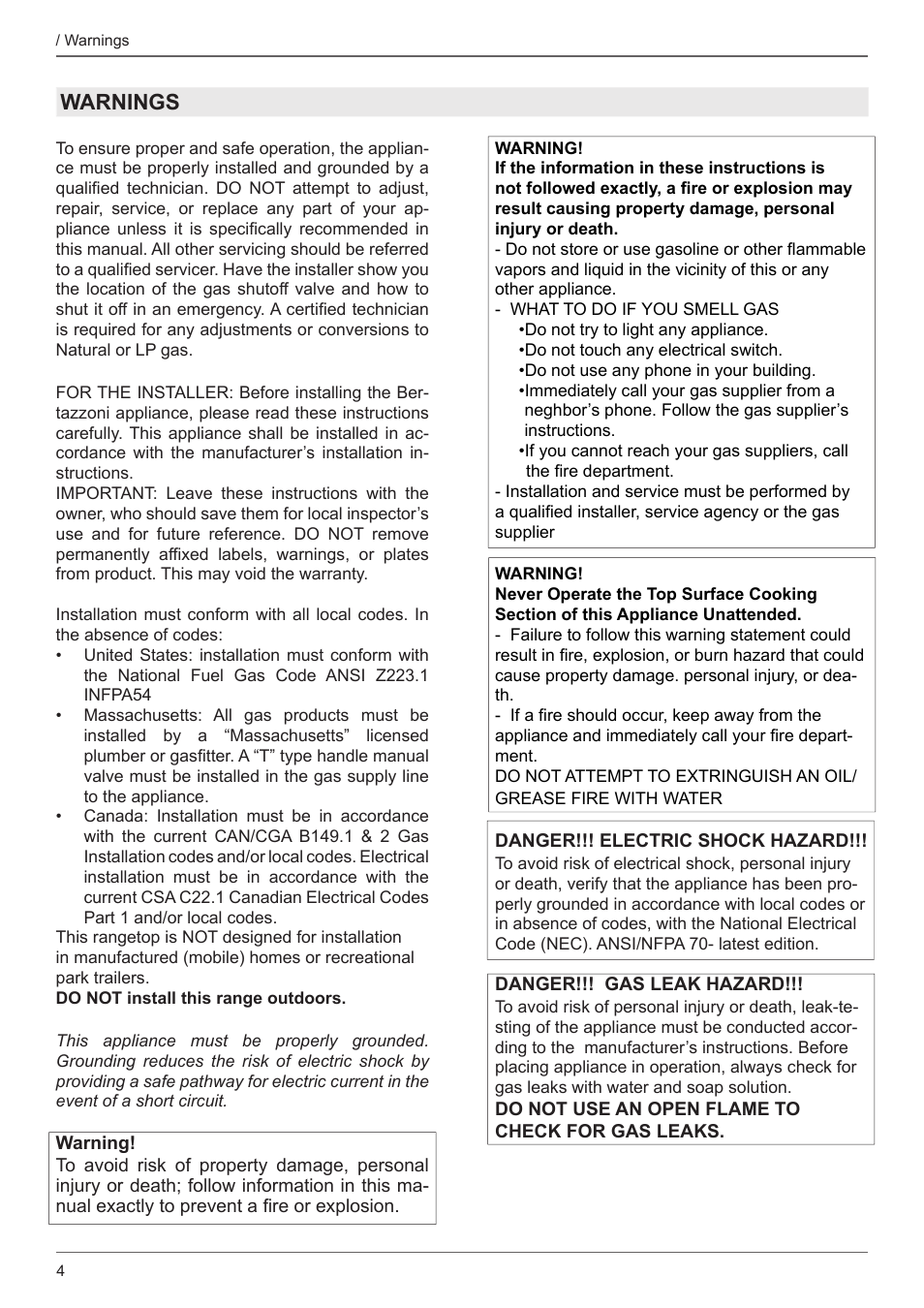 Warnings | Bertazzoni Master Series 36 Inch Gas Rangetop Installation, Use & Care Manual User Manual | Page 4 / 60