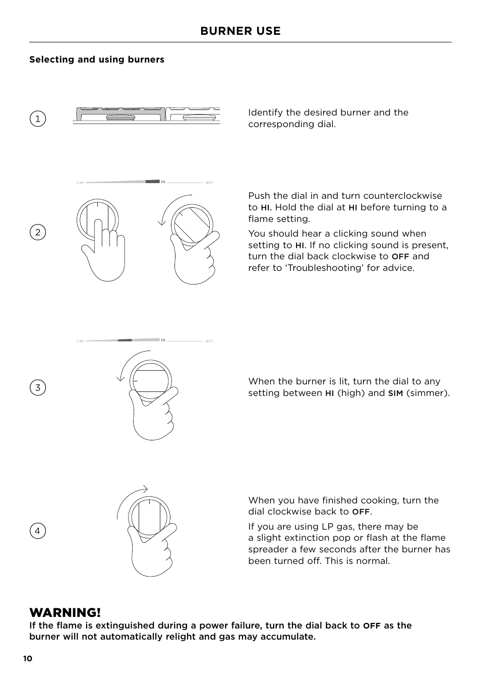 Burner use, Warning | Fisher & Paykel Series 7 Professional Series 36 Inch Gas Cooktop User Guide User Manual | Page 10 / 40