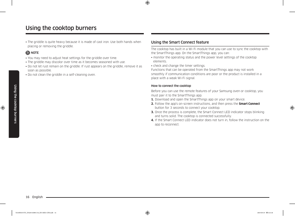 Using the smart connect feature, Using the cooktop burners | Samsung 36 Inch Gas Smart Cooktop Owner's Manual User Manual | Page 16 / 96