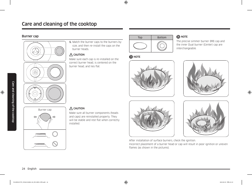 Burner cap, Care and cleaning of the cooktop | Samsung 36 Inch Gas Smart Cooktop Owner's Manual User Manual | Page 24 / 96