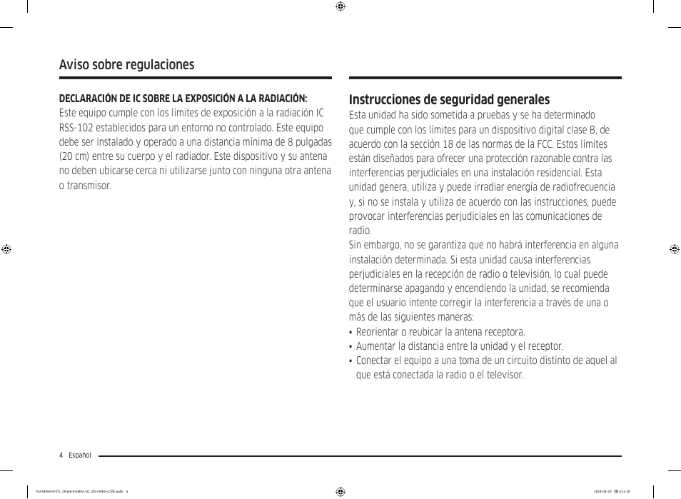 Instrucciones de seguridad generales, Aviso sobre regulaciones | Samsung 36 Inch Gas Smart Cooktop Owner's Manual User Manual | Page 36 / 96