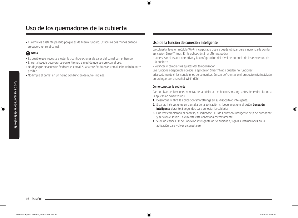 Uso de la función de conexión inteligente, Uso de los quemadores de la cubierta | Samsung 36 Inch Gas Smart Cooktop Owner's Manual User Manual | Page 48 / 96