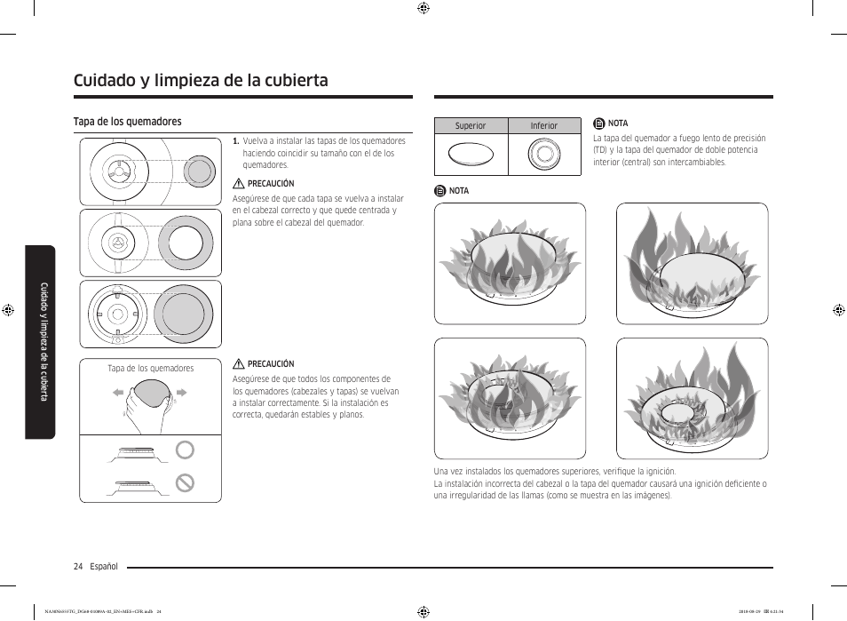 Tapa de los quemadores, Cuidado y limpieza de la cubierta | Samsung 36 Inch Gas Smart Cooktop Owner's Manual User Manual | Page 56 / 96