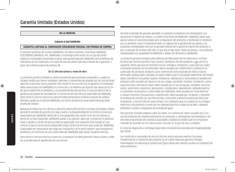 Garantía limitada (estados unidos) | Samsung 36 Inch Gas Smart Cooktop Owner's Manual User Manual | Page 58 / 96