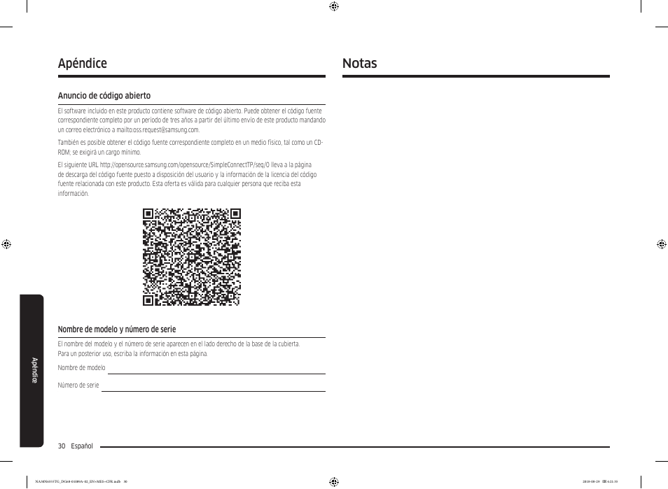 Apéndice, Anuncio de código abierto, Nombre de modelo y número de serie | Notas | Samsung 36 Inch Gas Smart Cooktop Owner's Manual User Manual | Page 62 / 96