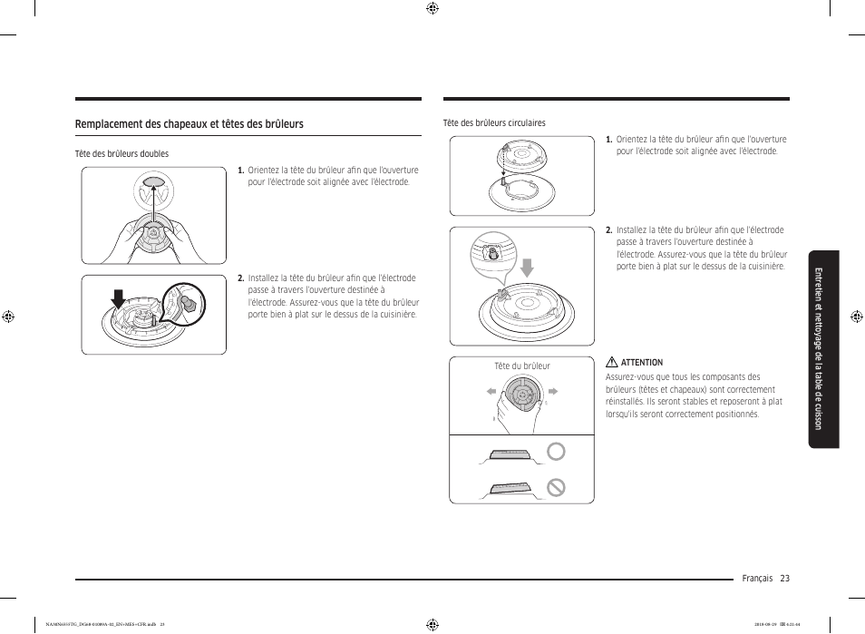 Remplacement des chapeaux et têtes des brûleurs | Samsung 36 Inch Gas Smart Cooktop Owner's Manual User Manual | Page 87 / 96
