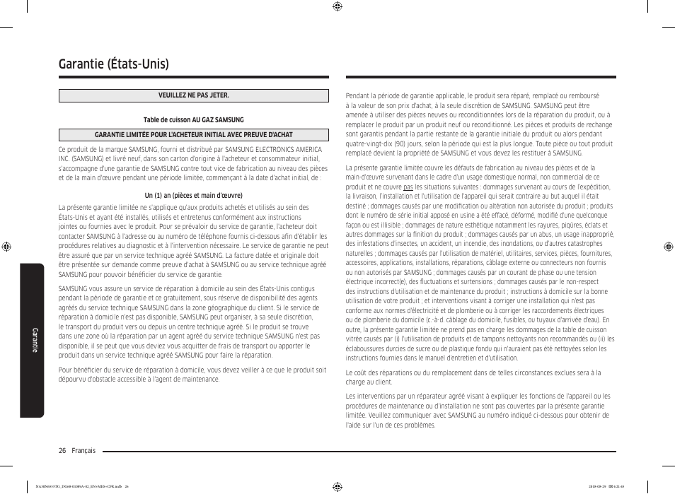 Garantie (états-unis) | Samsung 36 Inch Gas Smart Cooktop Owner's Manual User Manual | Page 90 / 96