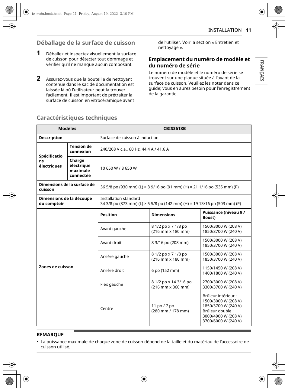Déballage de la surface de cuisson, Caractéristiques techniques | LG Studio 36 Inch Induction Cooktop Owners Guide User Manual | Page 109 / 148