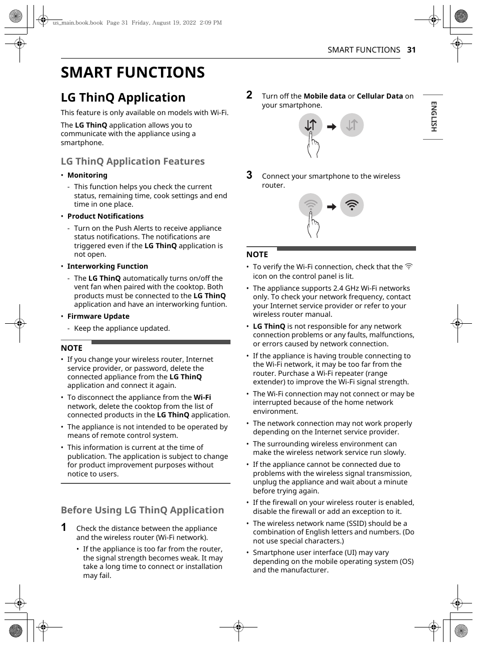 Smart functions, Lg thinq application, Lg thinq application features | Before using lg thinq application | LG Studio 36 Inch Induction Cooktop Owners Guide User Manual | Page 31 / 148