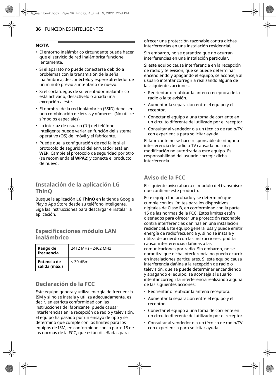 Instalación de la aplicación lg thinq, Aviso de la fcc | LG Studio 36 Inch Induction Cooktop Owners Guide User Manual | Page 84 / 148