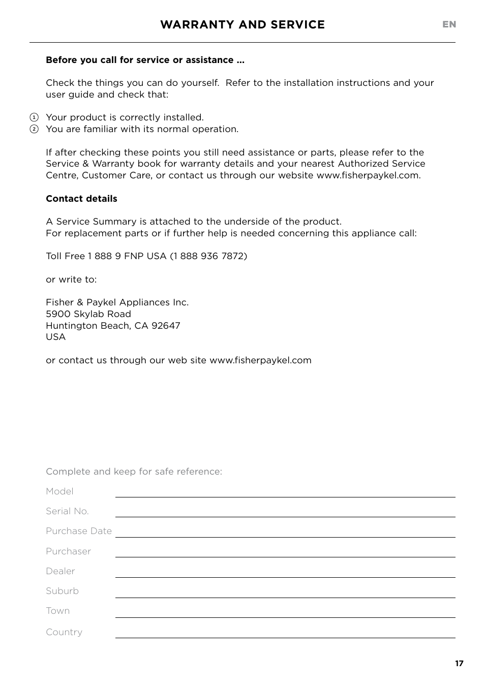 Warranty and service | Fisher & Paykel Series 7 Contemporary Series 30 Inch Gas Cooktop User Guide User Manual | Page 19 / 38