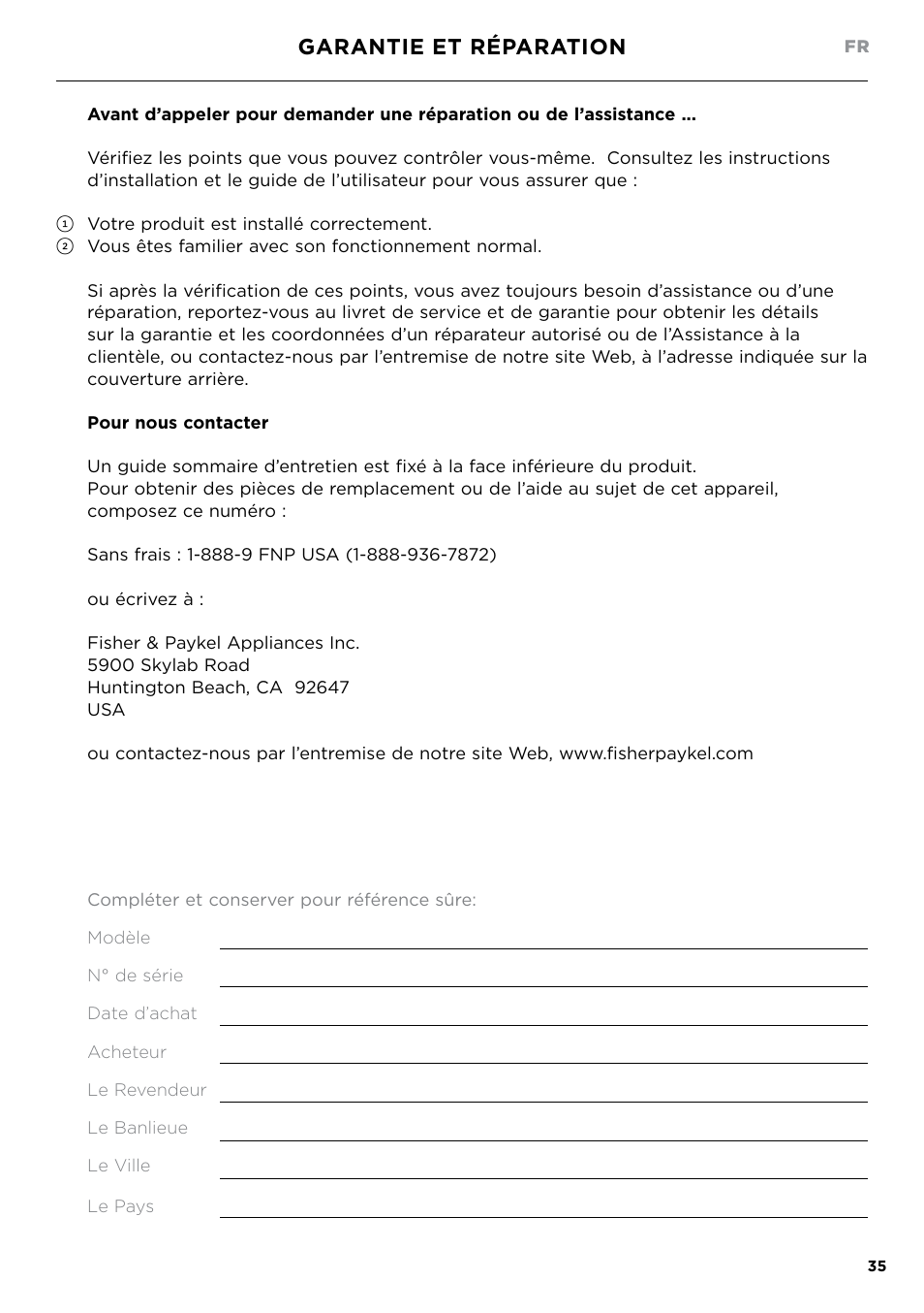 Garantie et réparation | Fisher & Paykel Series 7 Contemporary Series 30 Inch Gas Cooktop User Guide User Manual | Page 37 / 38