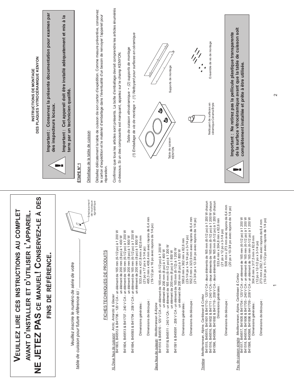 Ne jetez p as, Euillez, Lire | Instructions, Complet, Av ant, Inst aller, Utiliser, App areil, Manuel | Kenyon Mediterranean Series 24 Inch Electric Cooktop Owners Manual User Manual | Page 13 / 36