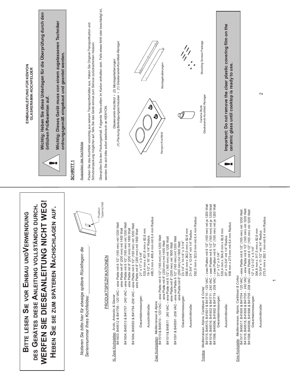 Werfen sie diese anleitung nicht weg ! h, Itte, Lesen | Inbau, Er wendung, Erätes, Diese, Nleitung, Vollständig, Durch | Kenyon Mediterranean Series 24 Inch Electric Cooktop Owners Manual User Manual | Page 18 / 36