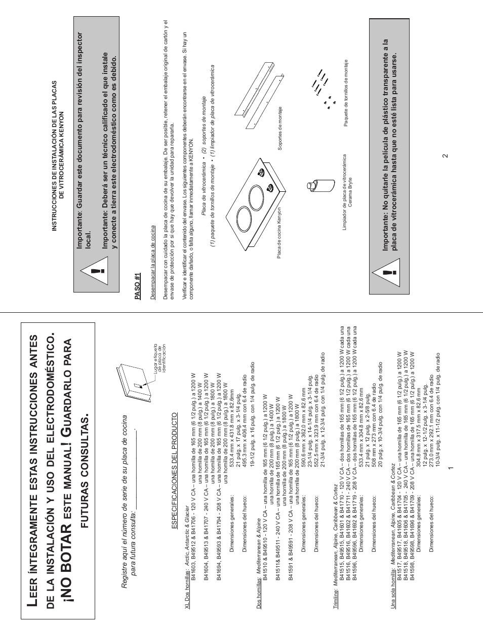 No bot ar, Íntegramente, Est as | Instrucciones, Antes, Inst alación, Electrodoméstico, Este, Manual, Uardarlo | Kenyon Mediterranean Series 24 Inch Electric Cooktop Owners Manual User Manual | Page 29 / 36