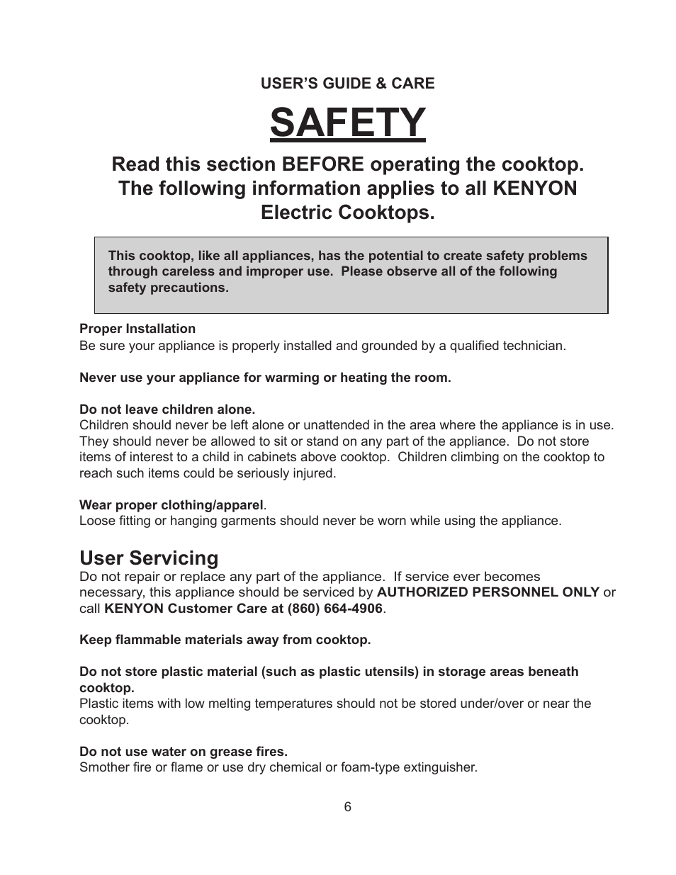 Safety, User servicing | Kenyon Mediterranean Series 24 Inch Electric Cooktop Owners Manual User Manual | Page 9 / 36