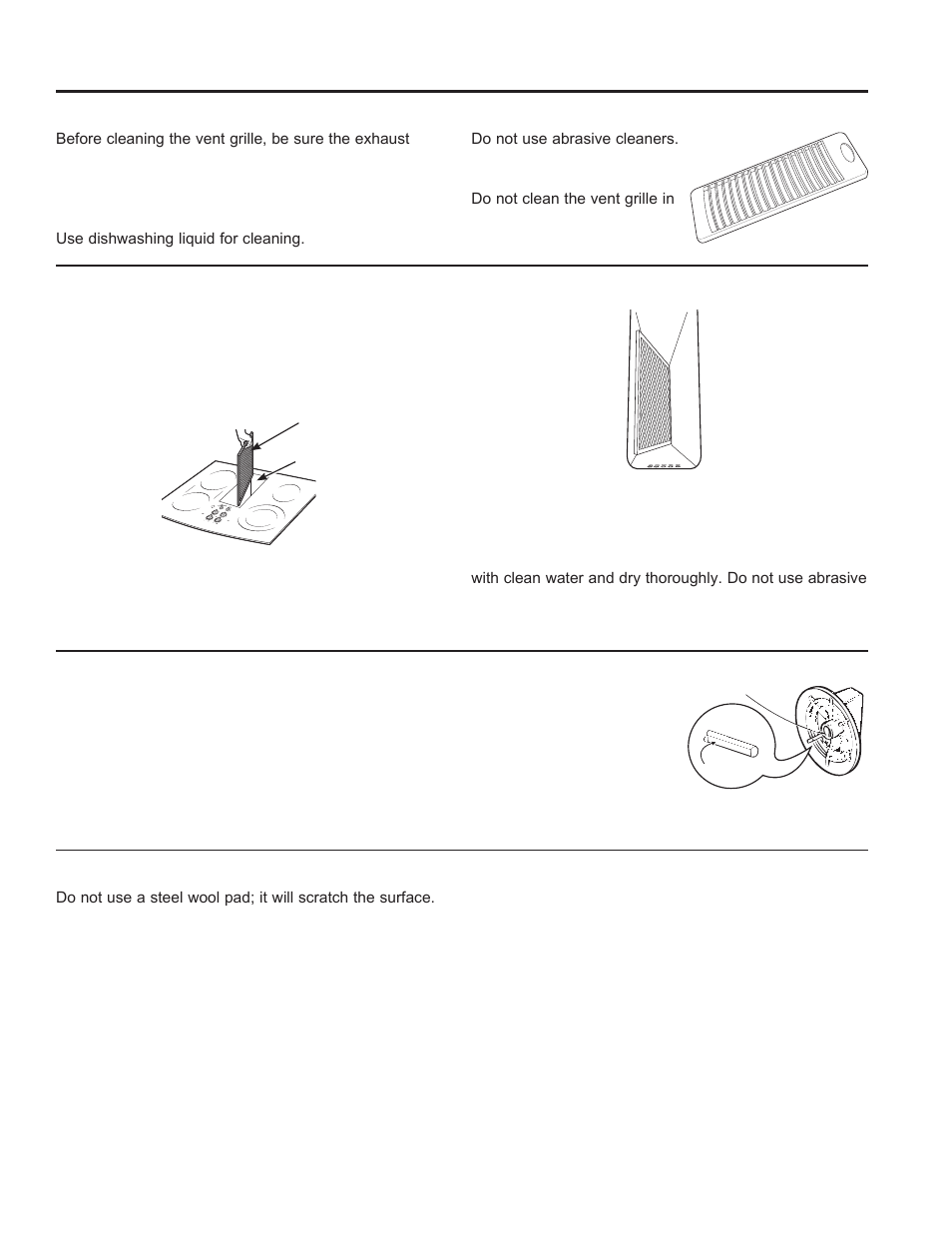 Care and cleaning: cleaning the cookto, Cleaning the cooktop, Vent grille | Vent filter and chamber, Control knobs, Stainless steel surfaces (on some models) | GE Profile 30 Inch Electric Cooktop Owners Guide User Manual | Page 11 / 58