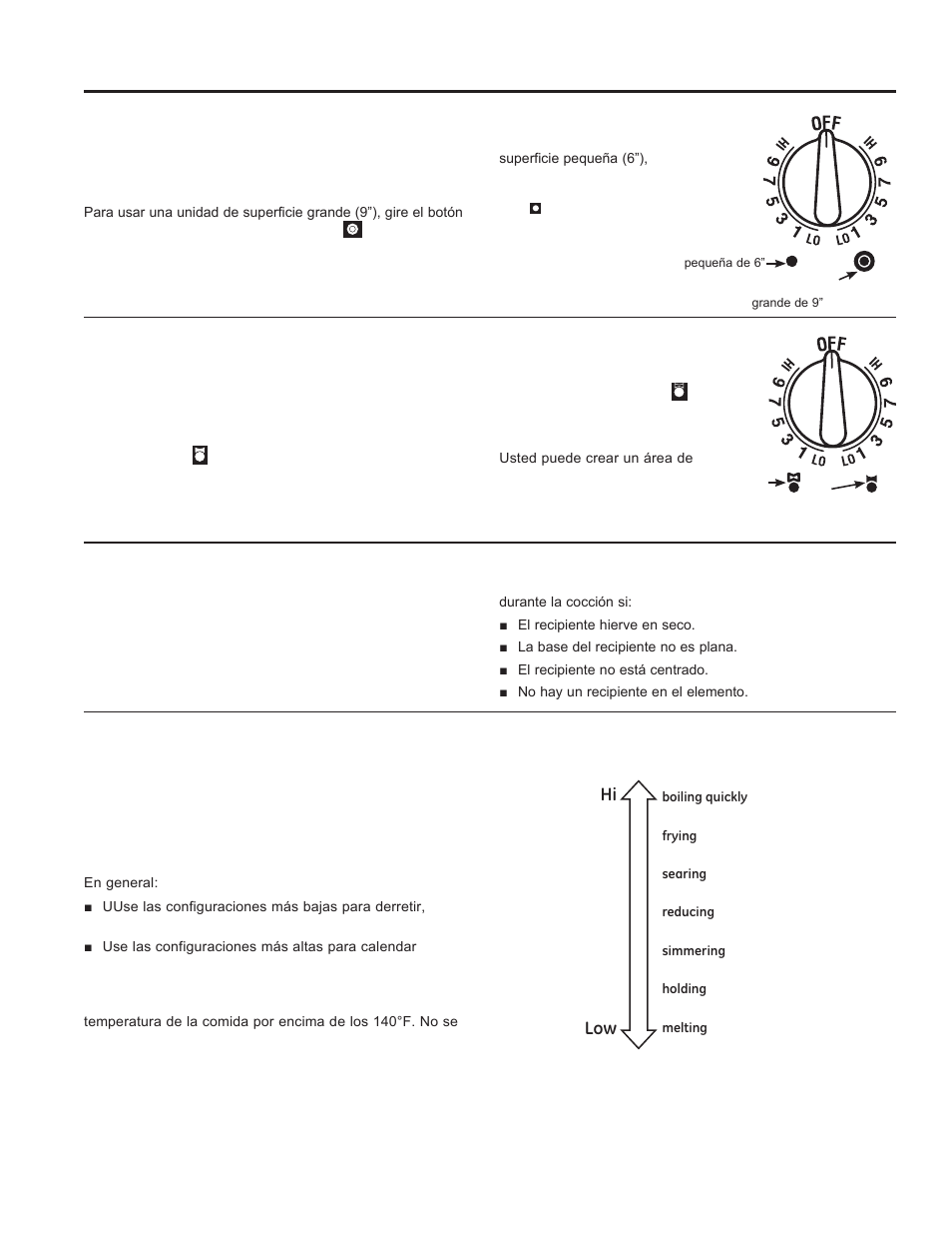 Unidad de superficie de puente, Unidad de superficie doble, Los elementos de superficie se encienden y apagan | GE Profile 30 Inch Electric Cooktop Owners Guide User Manual | Page 36 / 58