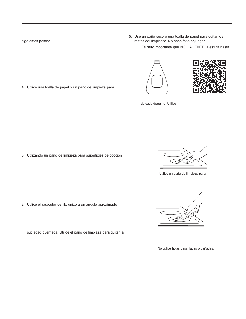 Cómo limpiar la estufa de vidrio, Superficie de cocción de vidrio, Residuos pegados | Residuos pegados rebeldes | GE Profile 30 Inch Electric Cooktop Owners Guide User Manual | Page 40 / 58