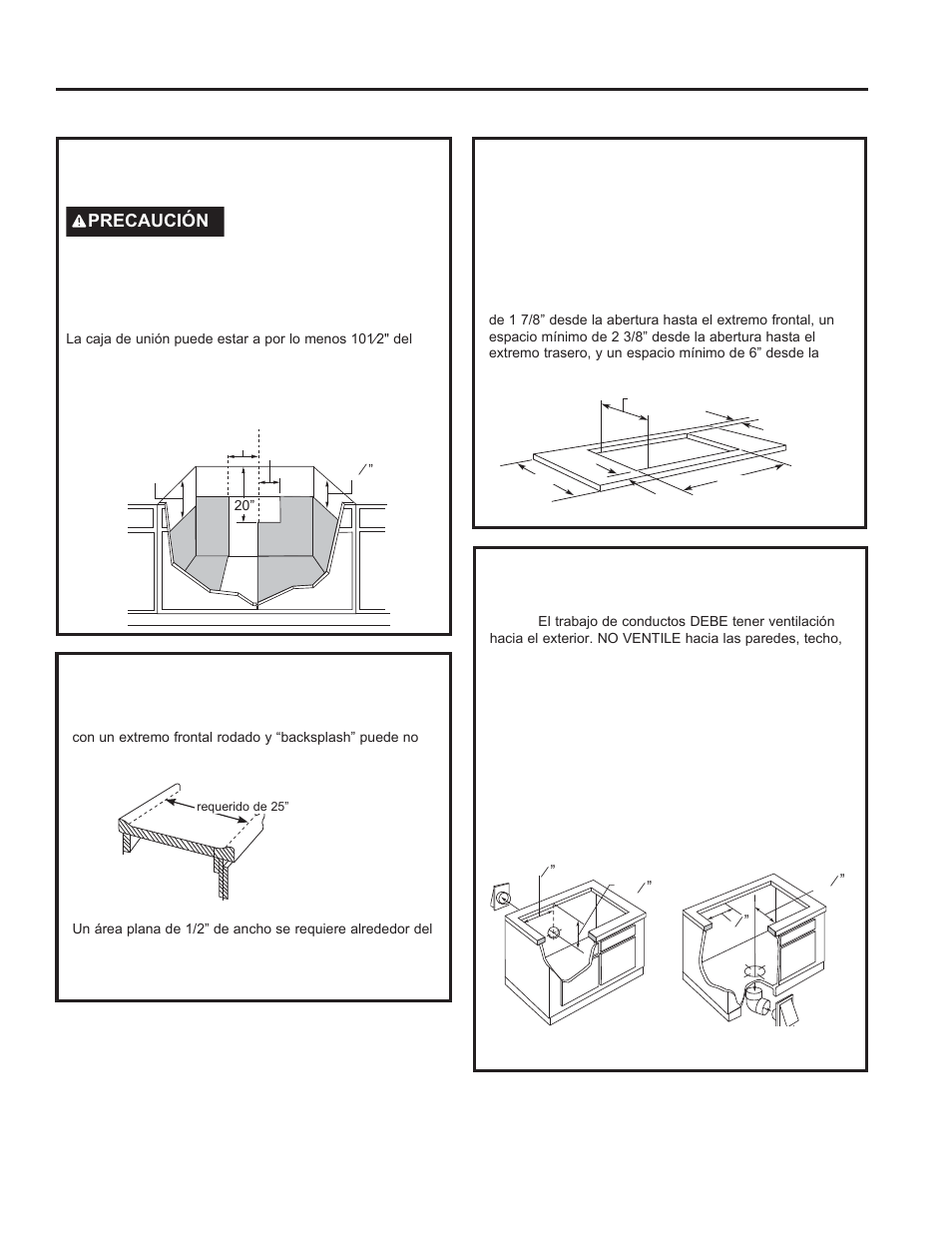 Instrucciones de inst alación, Instrucciones de instalación, Preparación de la instalación (cont.) | Preparación rápida de una caja de unión, Preparando la encimera, Preparando la encimera (cont.), Preparaciones para los conductos, Precaución | GE Profile 30 Inch Electric Cooktop Owners Guide User Manual | Page 47 / 58