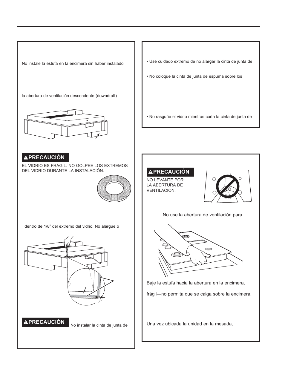 Instrucciones de inst alación, Instrucciones de instalación, Preparación de la instalación (cont.) | Cómo instalar la estufa, Cómo instalar la junta de espuma, Cómo instalar la junta de espuma (cont.) | GE Profile 30 Inch Electric Cooktop Owners Guide User Manual | Page 49 / 58