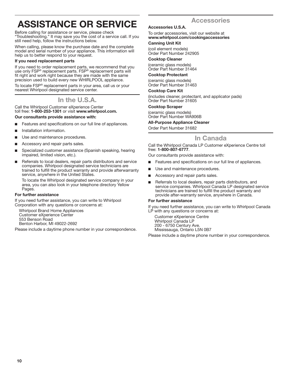 Sabbath mode, Arm zone element, Assistance or service | Accessories | Whirlpool 30 Inch Electric Cooktop Use and Care Guide User Manual | Page 10 / 21