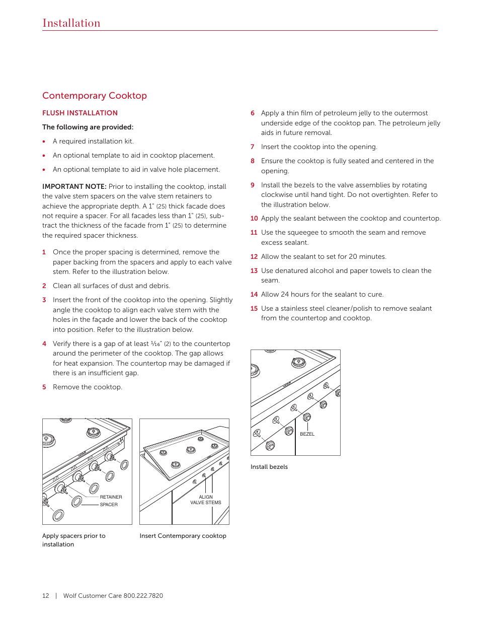 Installation, Contemporary cooktop | Wolf 36 Inch Cooktop Installation Guide User Manual | Page 12 / 44