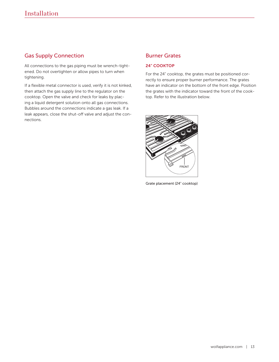 Installation, Gas supply connection, Burner grates | Wolf 36 Inch Cooktop Installation Guide User Manual | Page 13 / 44