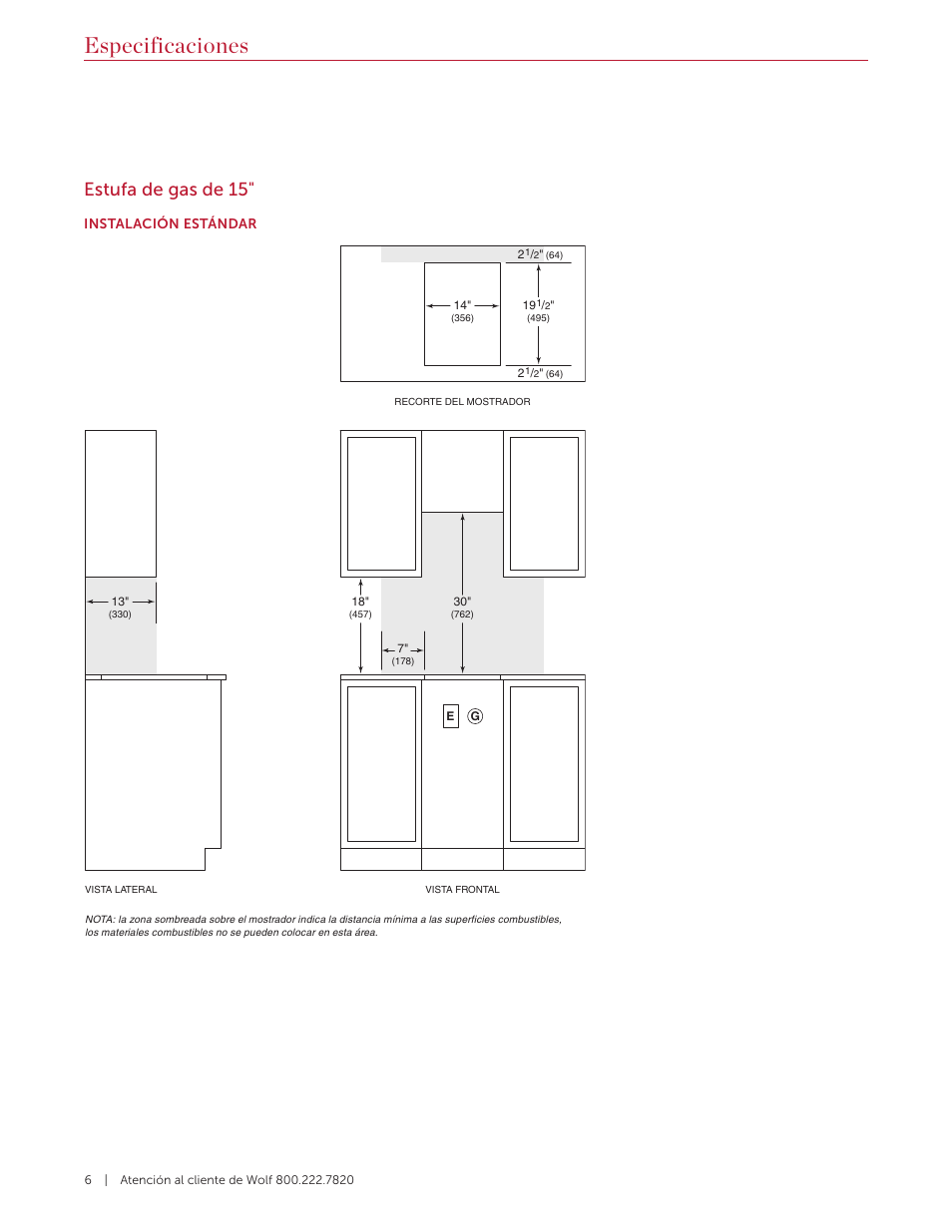 Especificaciones, Estufa de gas de 15 | Wolf 36 Inch Cooktop Installation Guide User Manual | Page 20 / 44