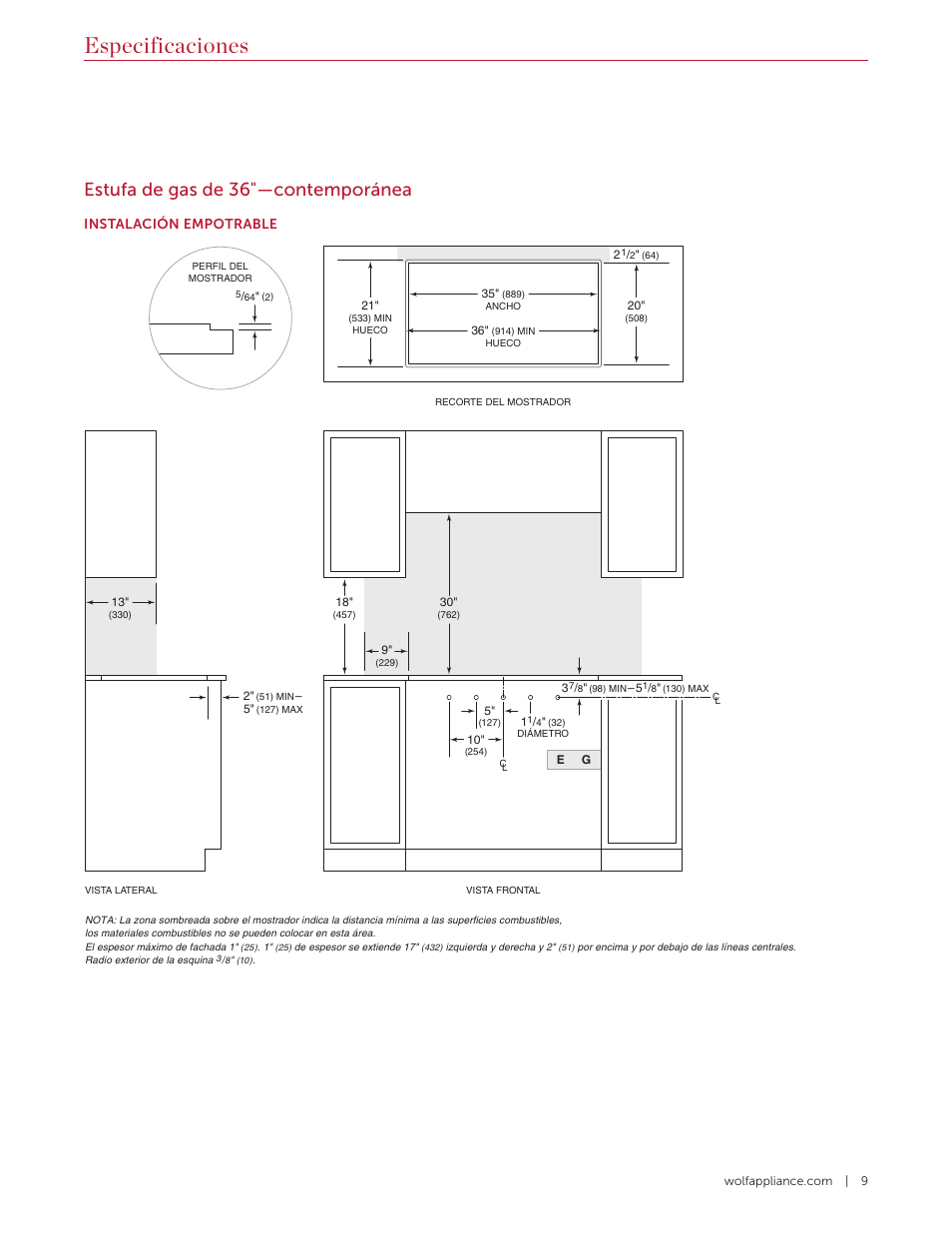 Especificaciones, Estufa de gas de 36"—contemporánea, Instalación empotrable | Wolf 36 Inch Cooktop Installation Guide User Manual | Page 23 / 44