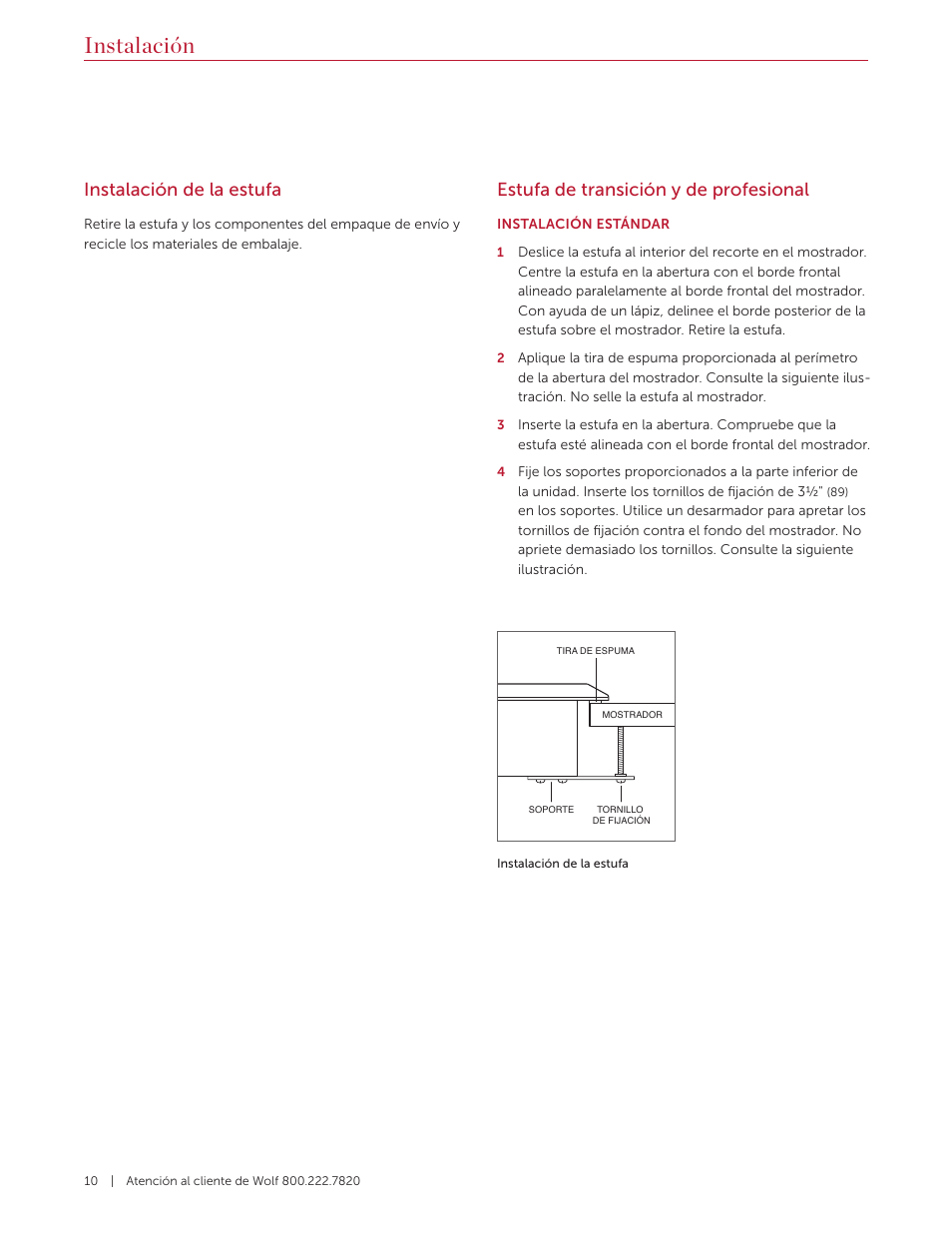 Instalación, Instalación de la estufa, Estufa de transición y de profesional | Wolf 36 Inch Cooktop Installation Guide User Manual | Page 24 / 44