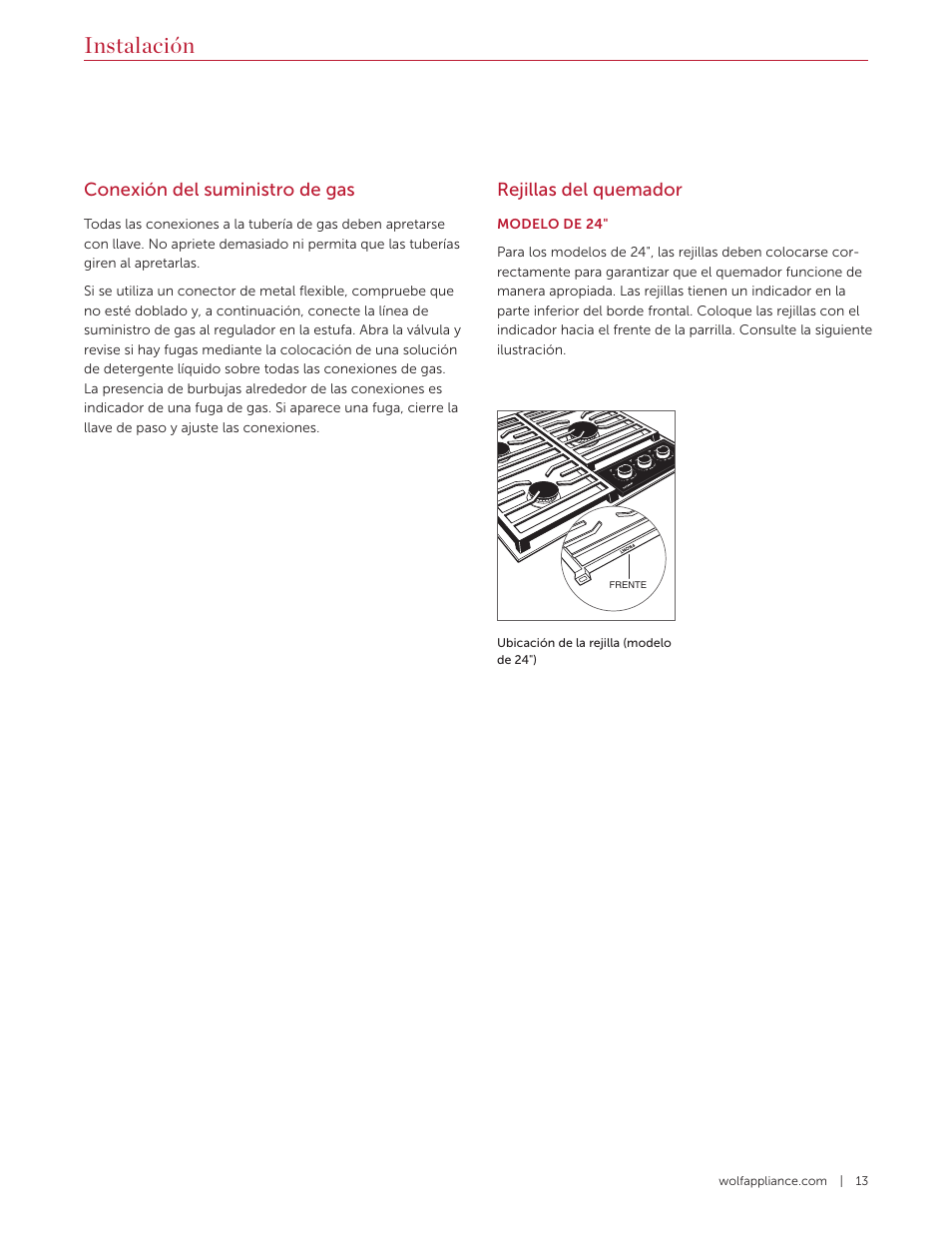 Instalación, Conexión del suministro de gas, Rejillas del quemador | Wolf 36 Inch Cooktop Installation Guide User Manual | Page 27 / 44