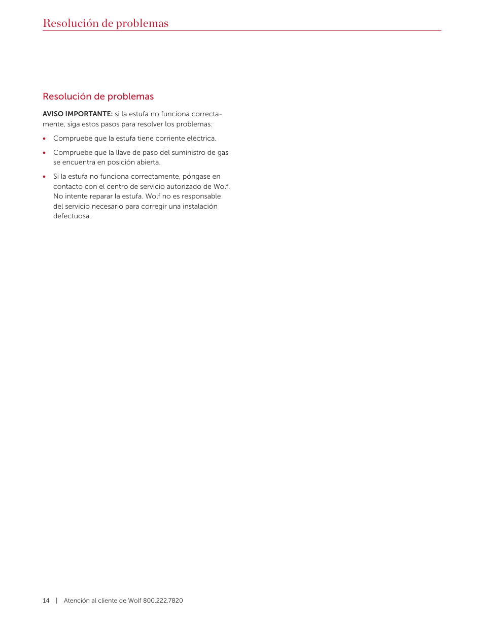Resolución de problemas | Wolf 36 Inch Cooktop Installation Guide User Manual | Page 28 / 44