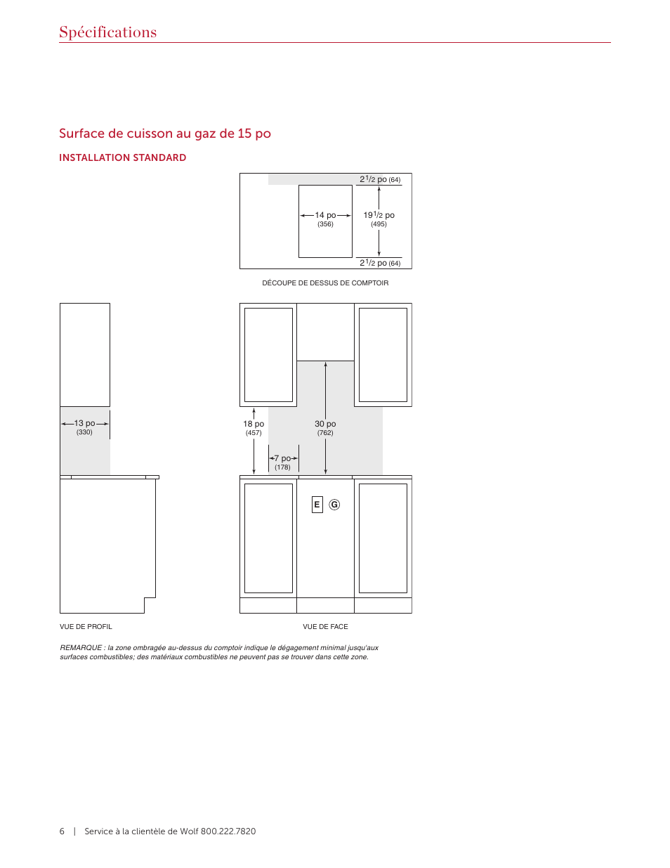 Spécifications, Surface de cuisson au gaz de 15 po | Wolf 36 Inch Cooktop Installation Guide User Manual | Page 34 / 44