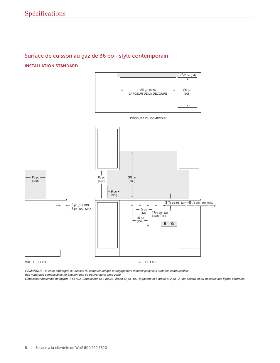 Spécifications, Installation standard | Wolf 36 Inch Cooktop Installation Guide User Manual | Page 36 / 44