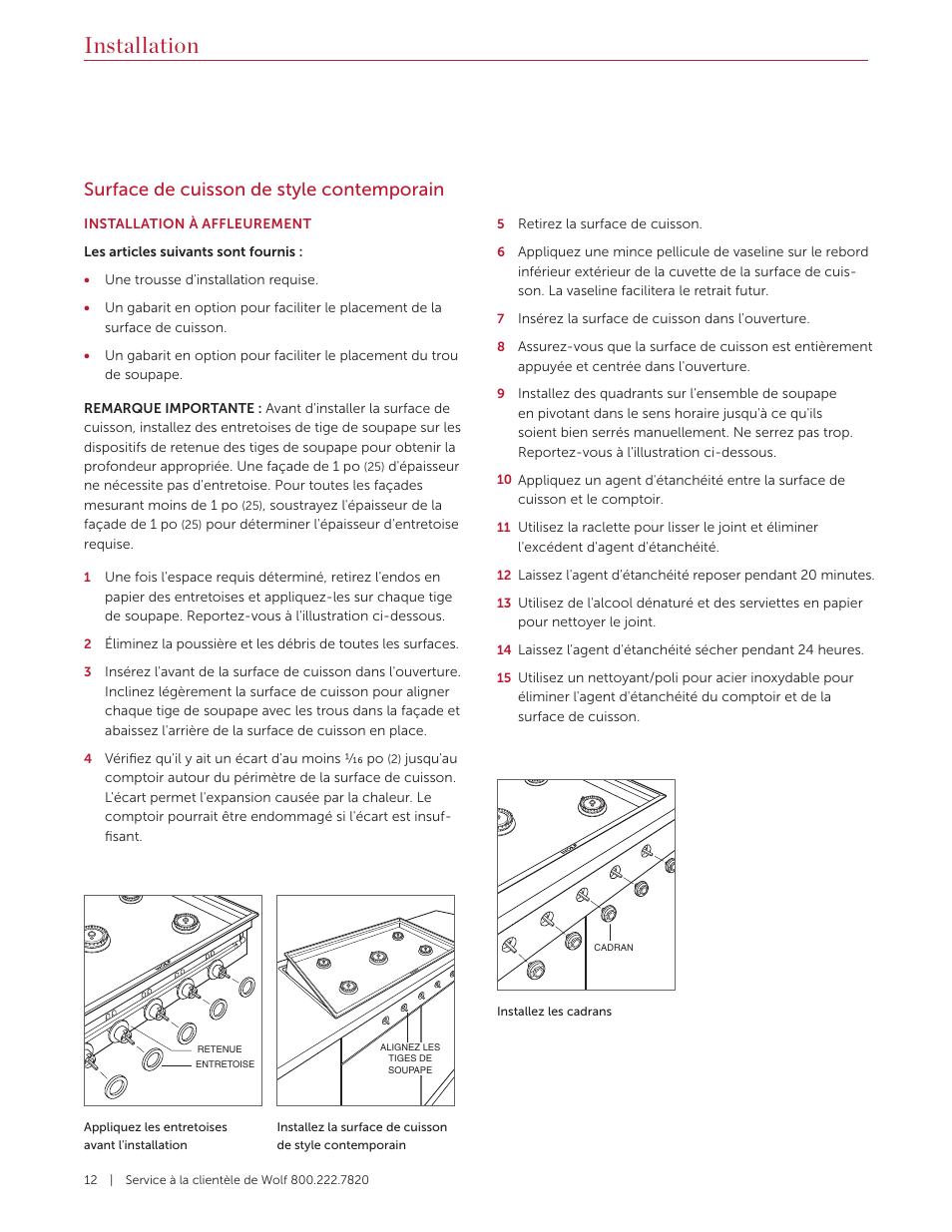 Installation, Surface de cuisson de style contemporain | Wolf 36 Inch Cooktop Installation Guide User Manual | Page 40 / 44
